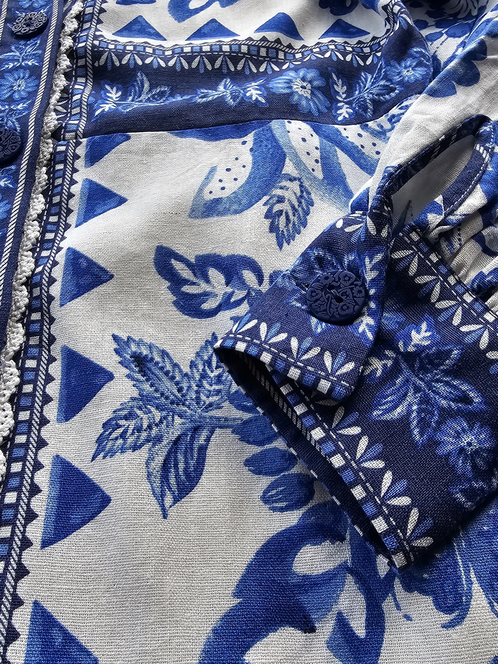 Caroline Constas Blue & White Floral Tapestry Lenzing Trim Linen Dress NWT $360 - Picture 8 of 8